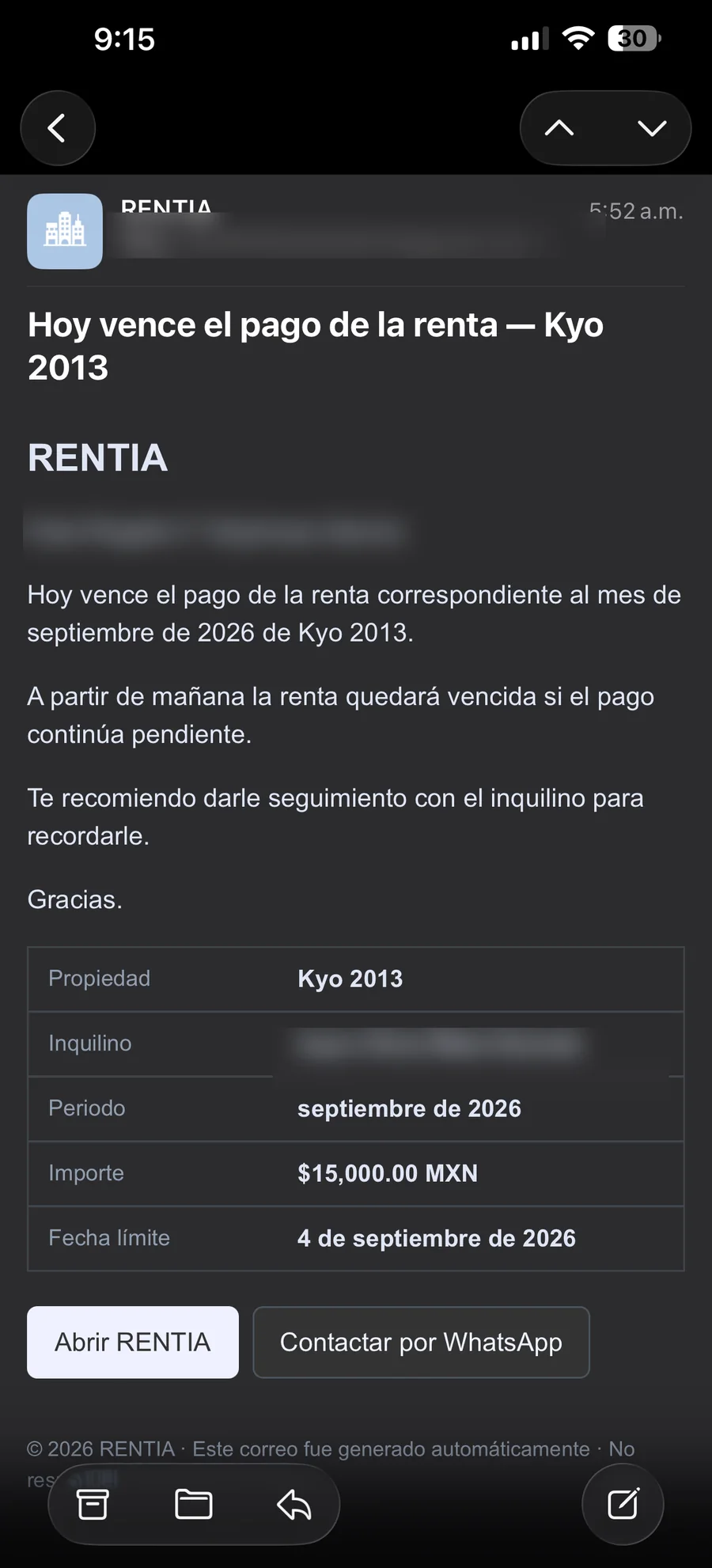 Correo automático de RENTIA visto desde un teléfono