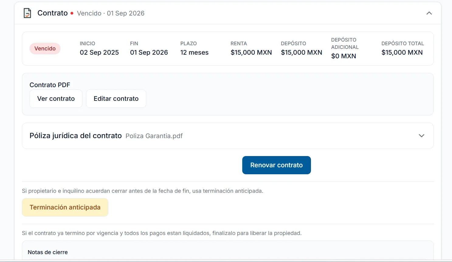 Detalle de contrato con fechas, renta, depósito, póliza y acciones de renovación